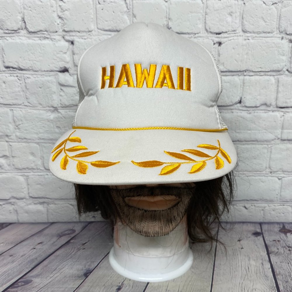 Vintage Hawaii Trucker Hat Mesh Cap Leaf Snapback White One Size Hawaiian 80s